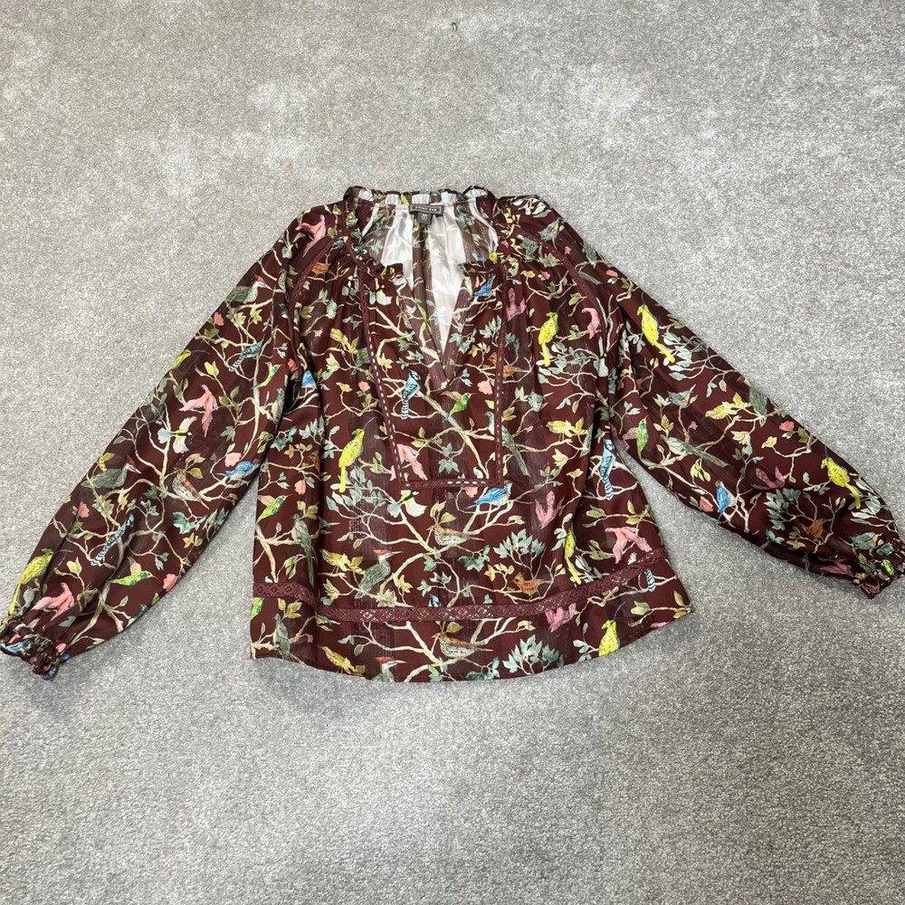 Point Sur J.Crew Blouse Womens XS Burgundy Bird Print Metallic Lace - Picture 4 of 11